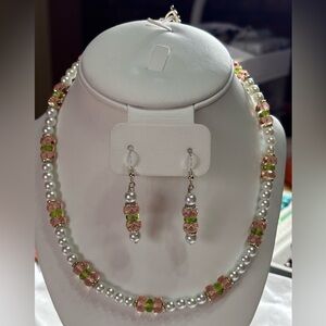 Hand Crafted Necklace and Earrings White Pearls Green and Pink Crystals